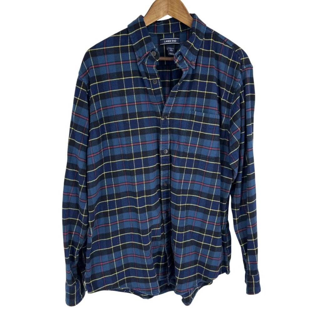 Lands End Mens Traditional Fit Long Sleeve Button Down Plaid Flannel Shirt L